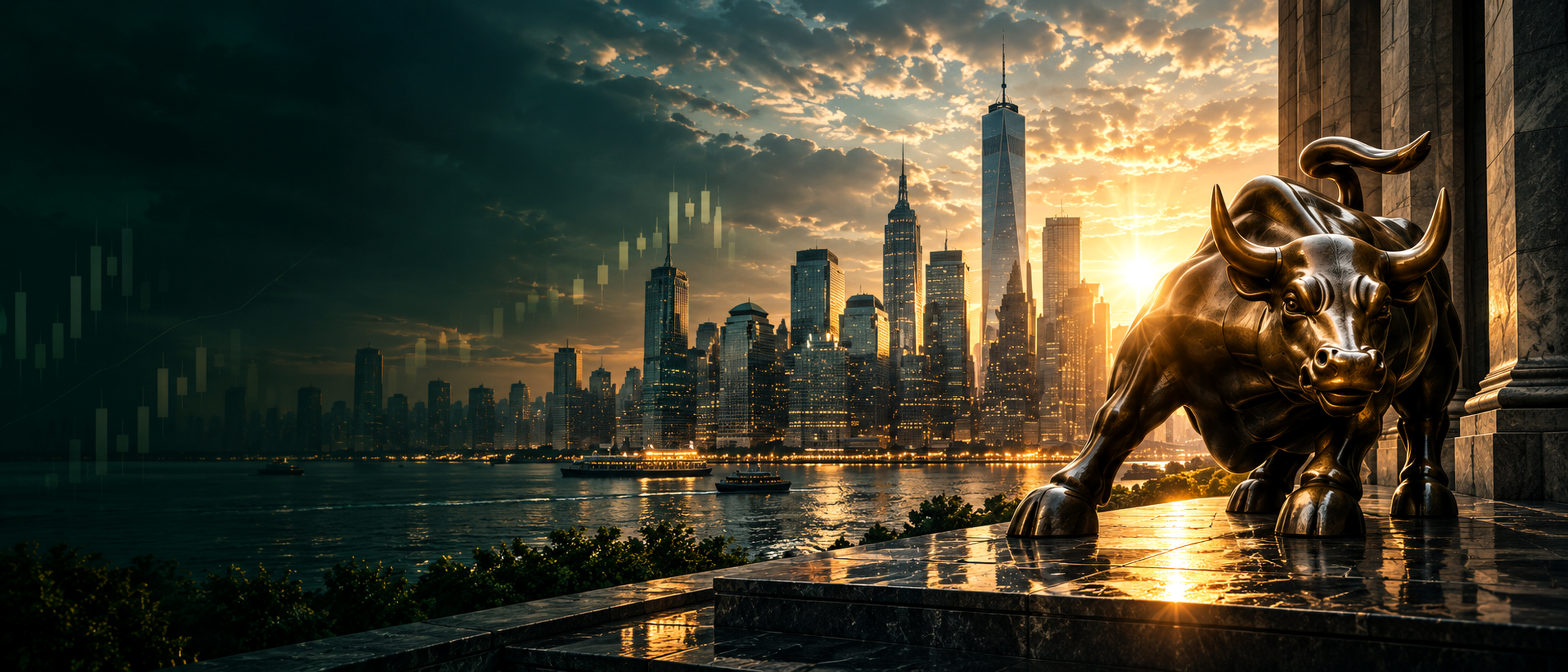 Financial district at sunrise with a bronze bull