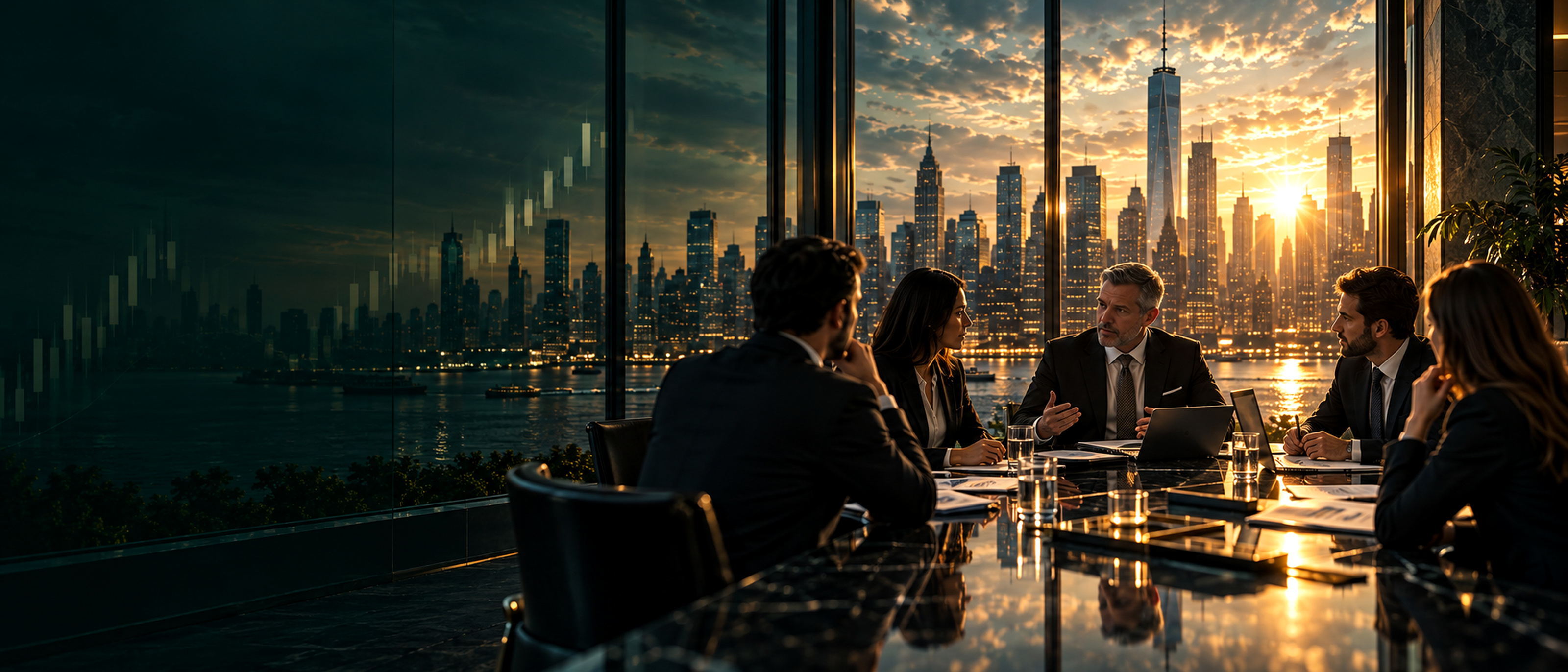 Institutional investment team in a boardroom overlooking the financial district