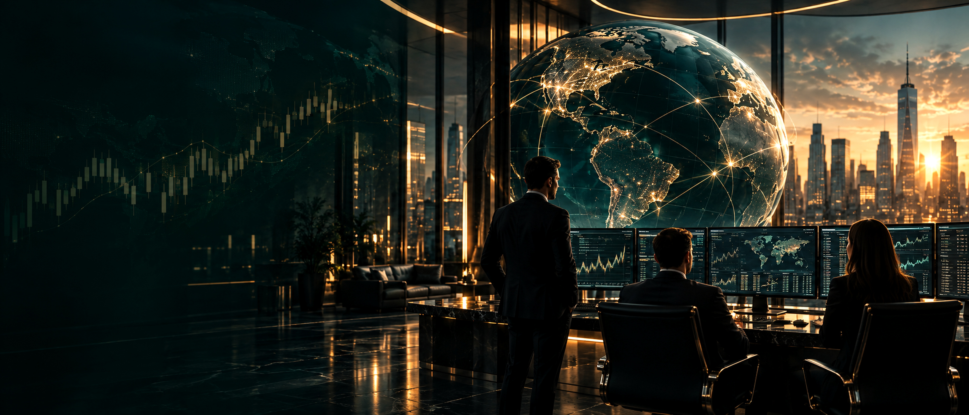 Institutional finance command center with market screens and global market visualization
